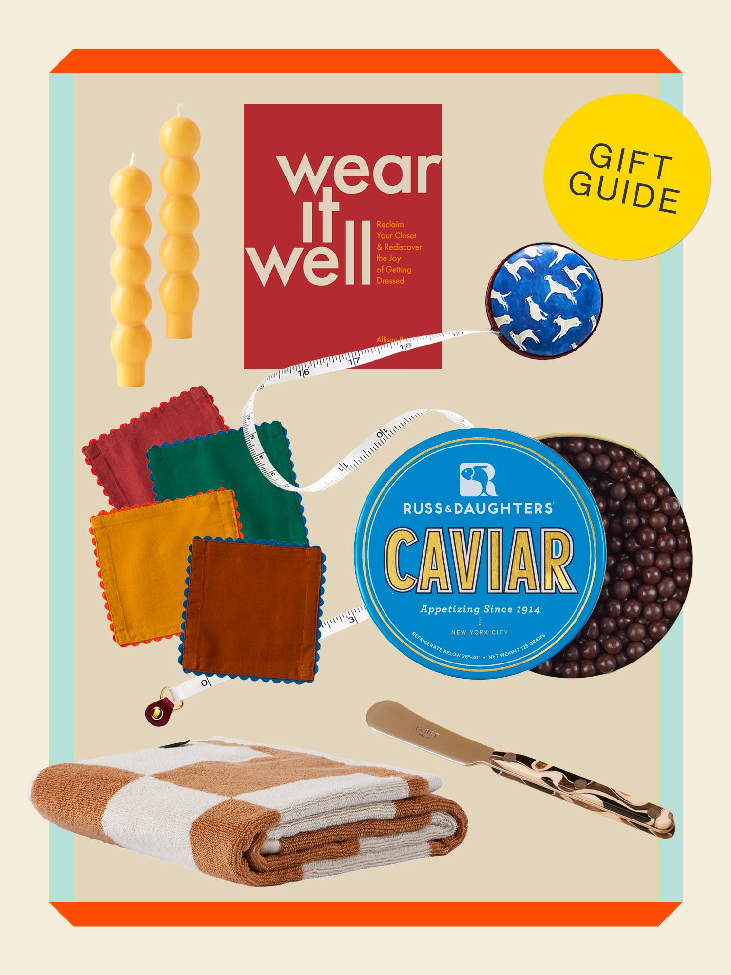 under $25 gift collage featuring chocolate caviar tin, tapers, and more with gift guide button