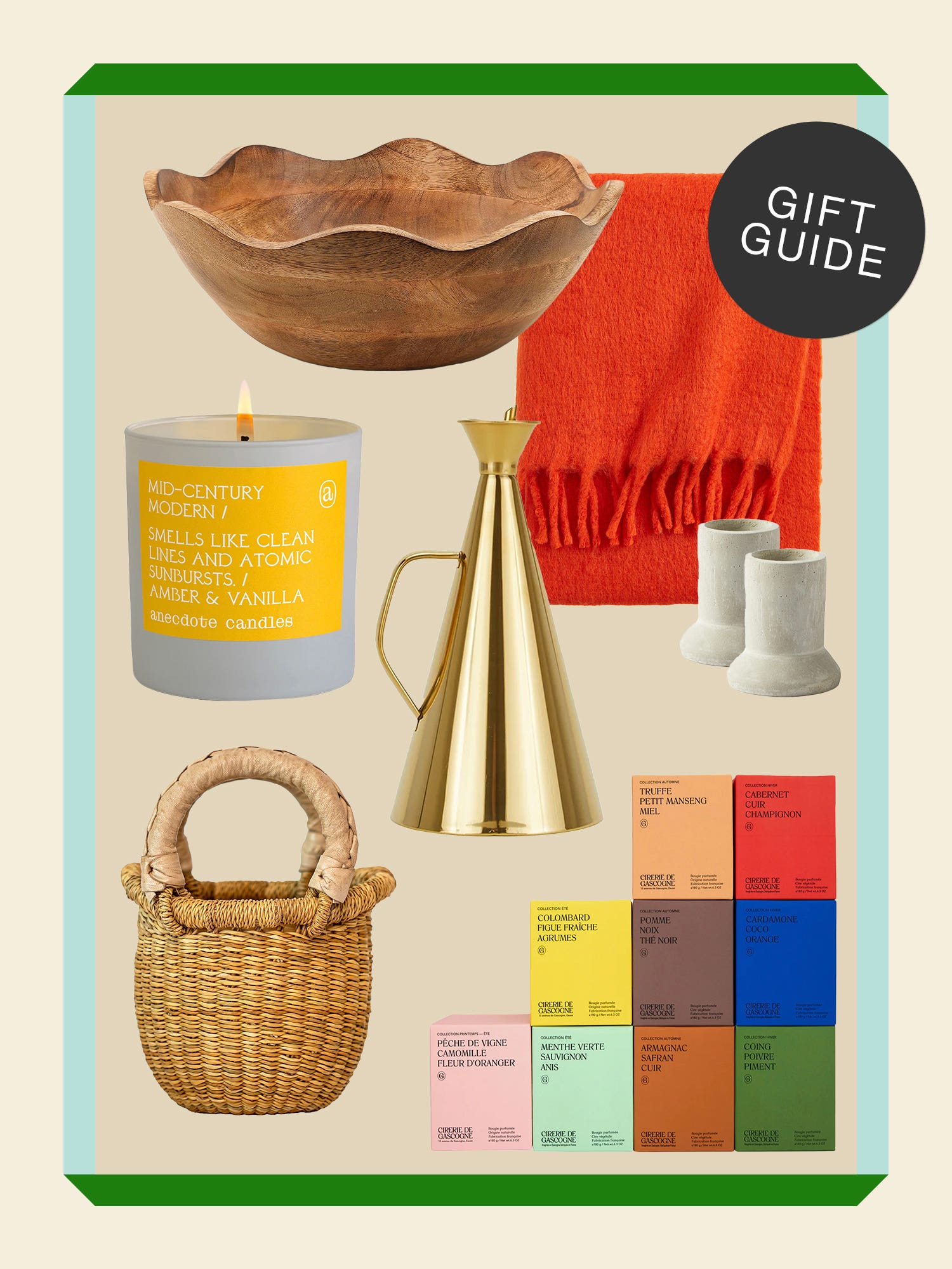 gift guide collage with boxed candles, orange throw blanket, wavy wood bowl, mini basket, and brass cruet
